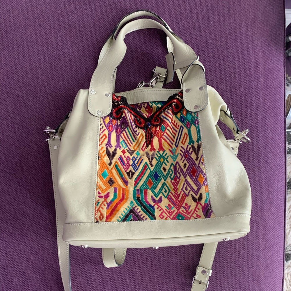 Custom made white leather and huipil bag